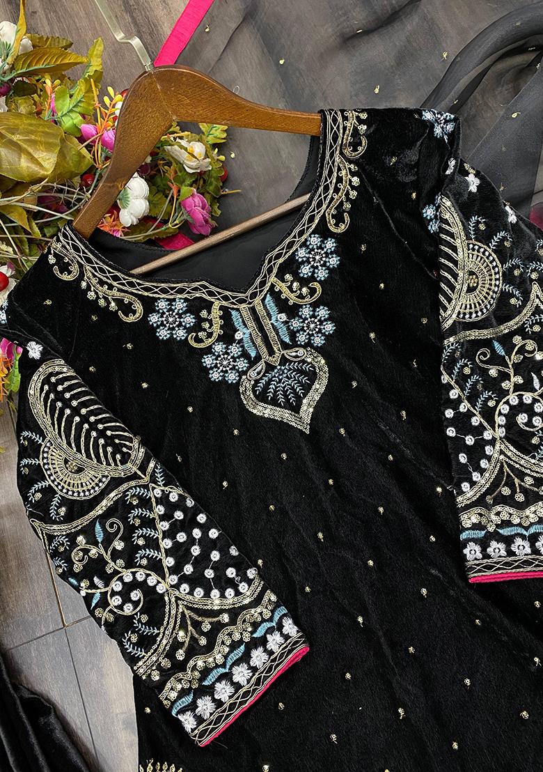 Black Embroidery Viscose Velvet Kurta Set - Indya