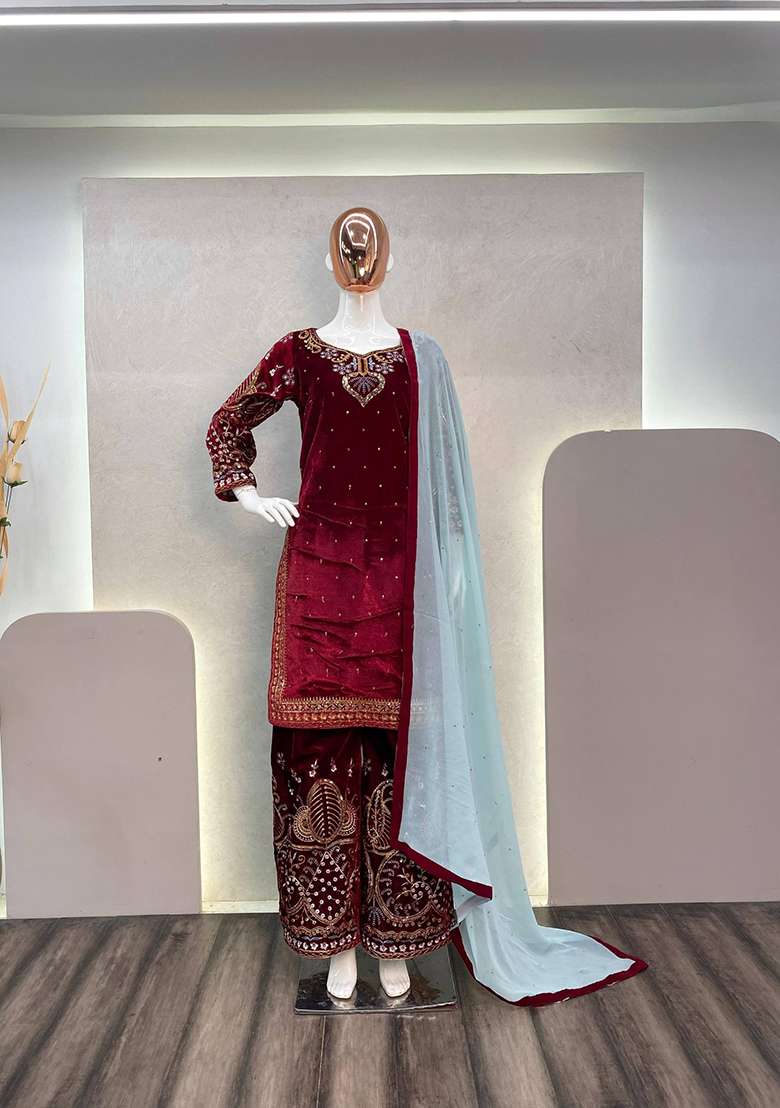 Maroon Embroidery Viscose Velvet Kurta Set - Indya
