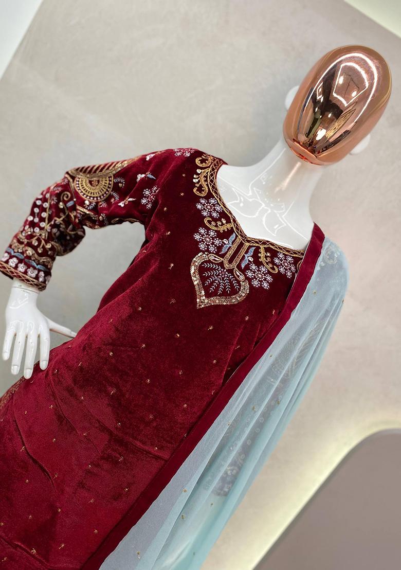 Maroon Embroidery Viscose Velvet Kurta Set - Indya