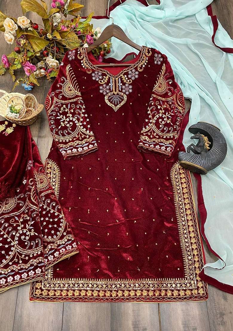 Maroon Embroidery Viscose Velvet Kurta Set - Indya