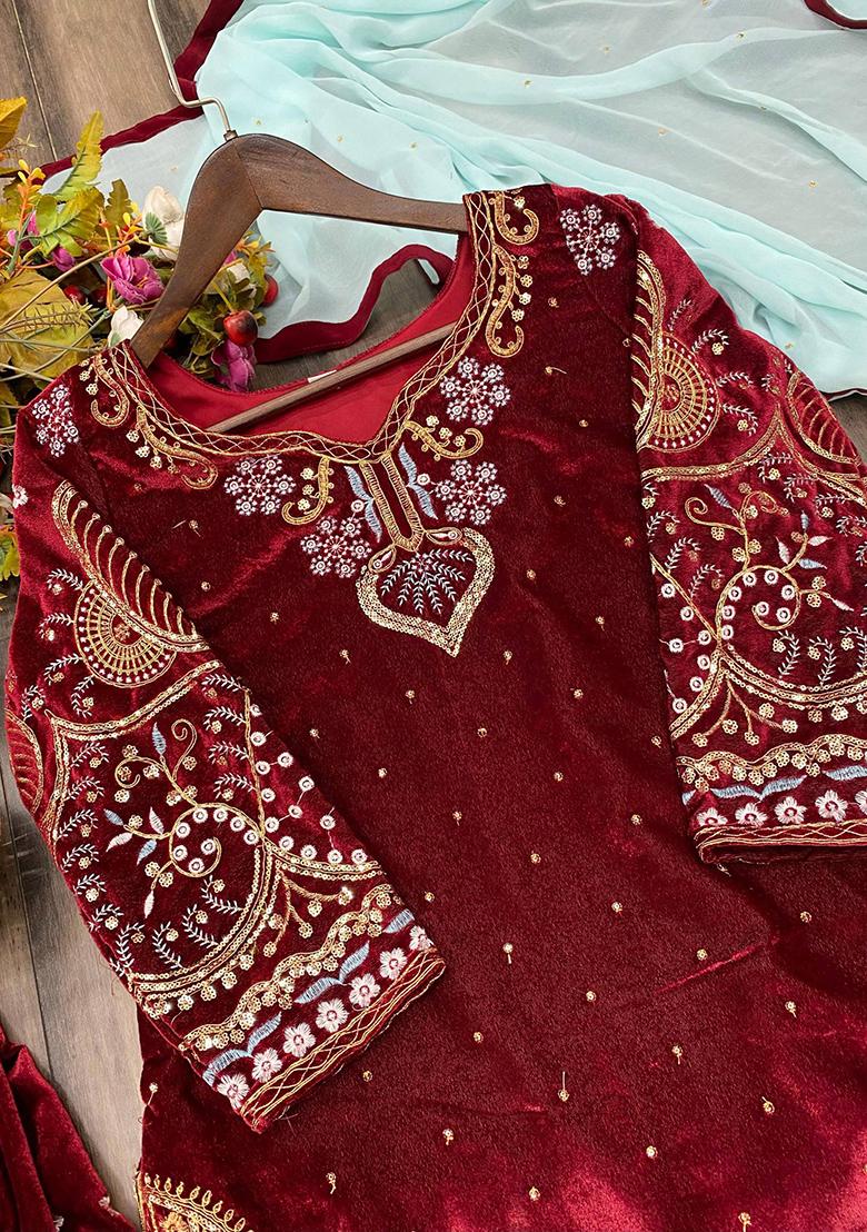 Maroon Embroidery Viscose Velvet Kurta Set - Indya