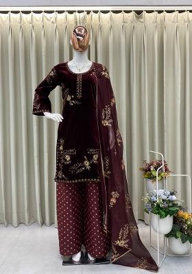 Wine Embroidery Velvet Kurta Set