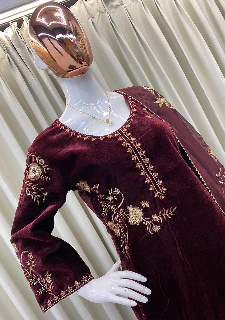 Wine Embroidery Velvet Kurta Set - Indya