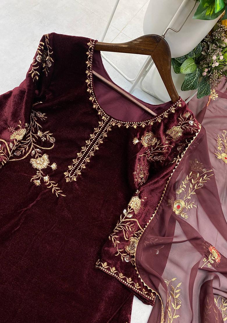 Wine Embroidery Velvet Kurta Set - Indya