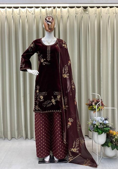 Wine Embroidery Velvet Kurta Set