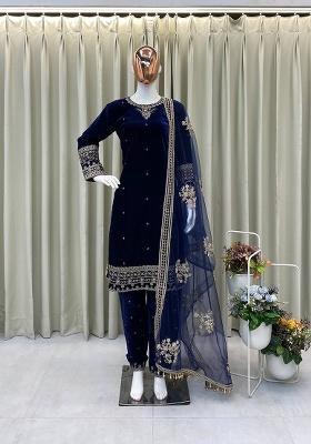 Blue Embroidery Velvet Kurta Set