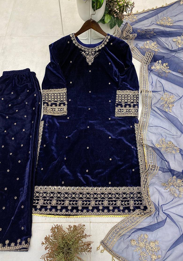 Blue Embroidery Velvet Kurta Set - Indya