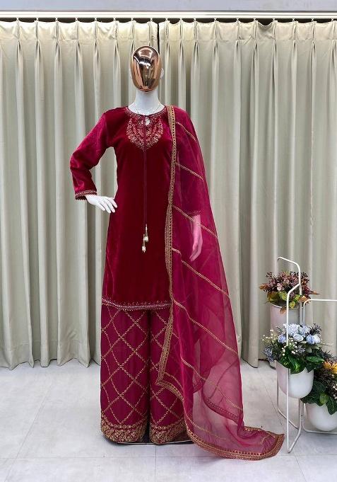 Pink Embroidery Velvet Kurta Set