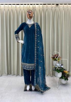 Sea Blue Embroidery Velvet Kurta Set