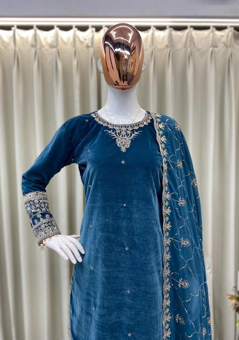 Sea Blue Embroidery Velvet Kurta Set - Indya