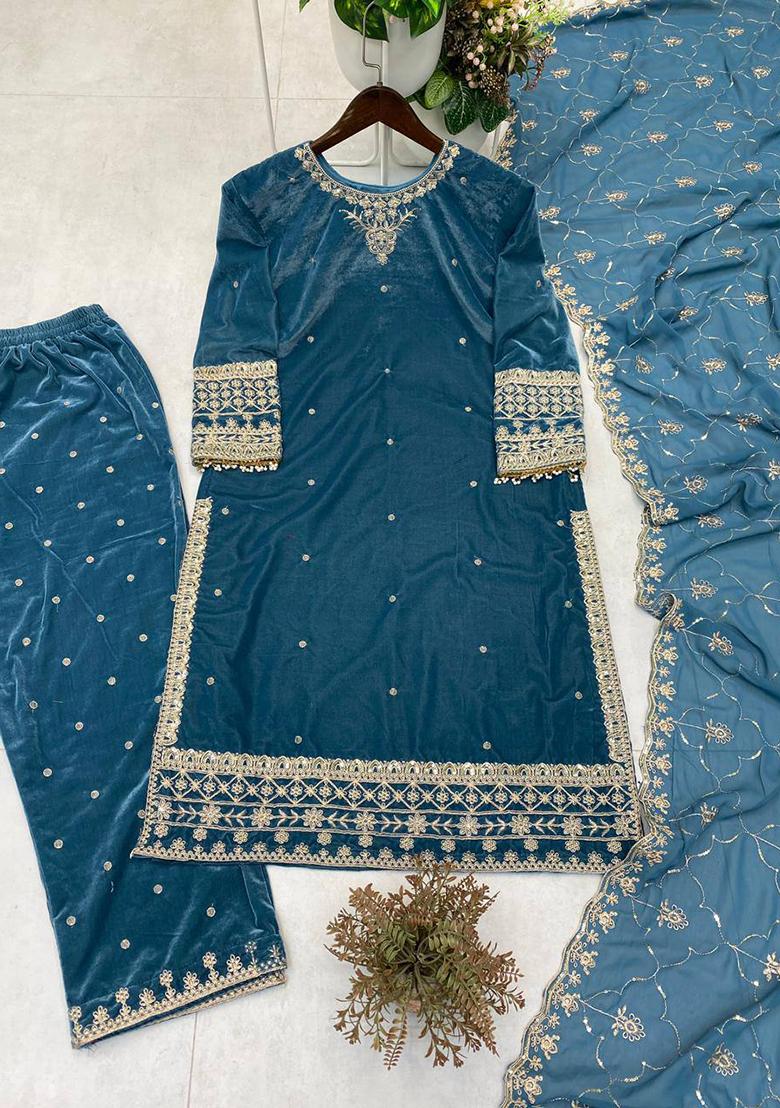 Sea Blue Embroidery Velvet Kurta Set - Indya