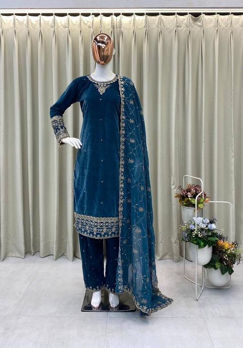 Sea Blue Embroidery Velvet Kurta Set