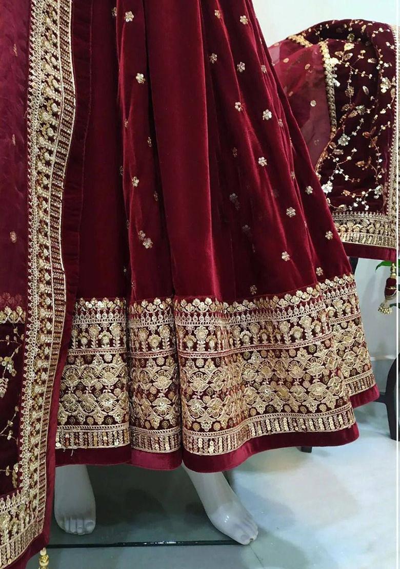 Wine Embroidery Velvet Gown With Dupatta - Indya
