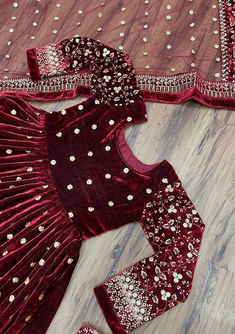 Wine Embroidery Velvet Gown With Dupatta - Indya