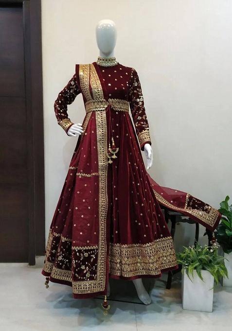 Wine Embroidery Velvet Gown With Dupatta