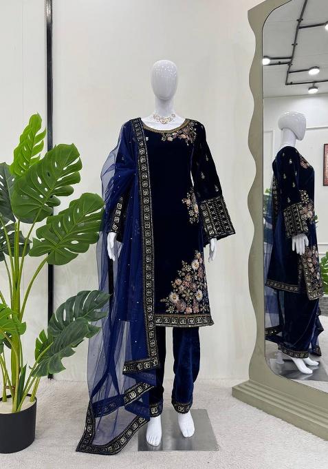 Navy Blue Embroidery Velvet Kurta Set