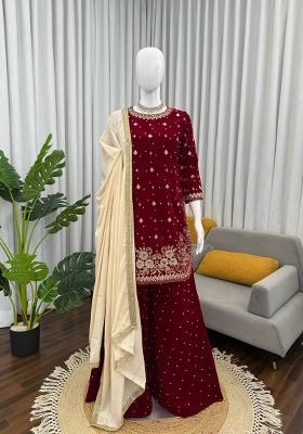 Maroon Thread Sequence With Peral Work Velvet Kurta Set