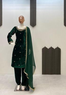 Green Embroidery Velvet Kurta Set