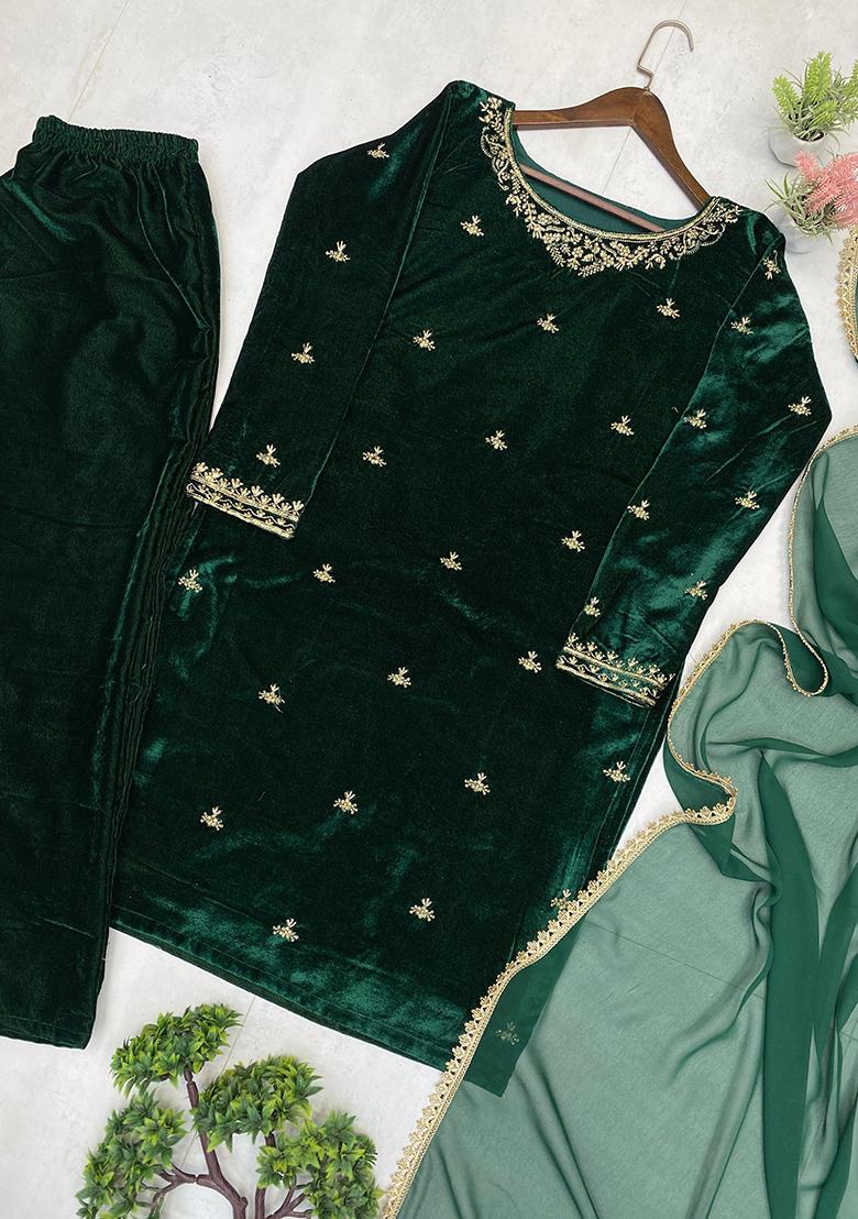 Green Embroidery Velvet Kurta Set - Indya