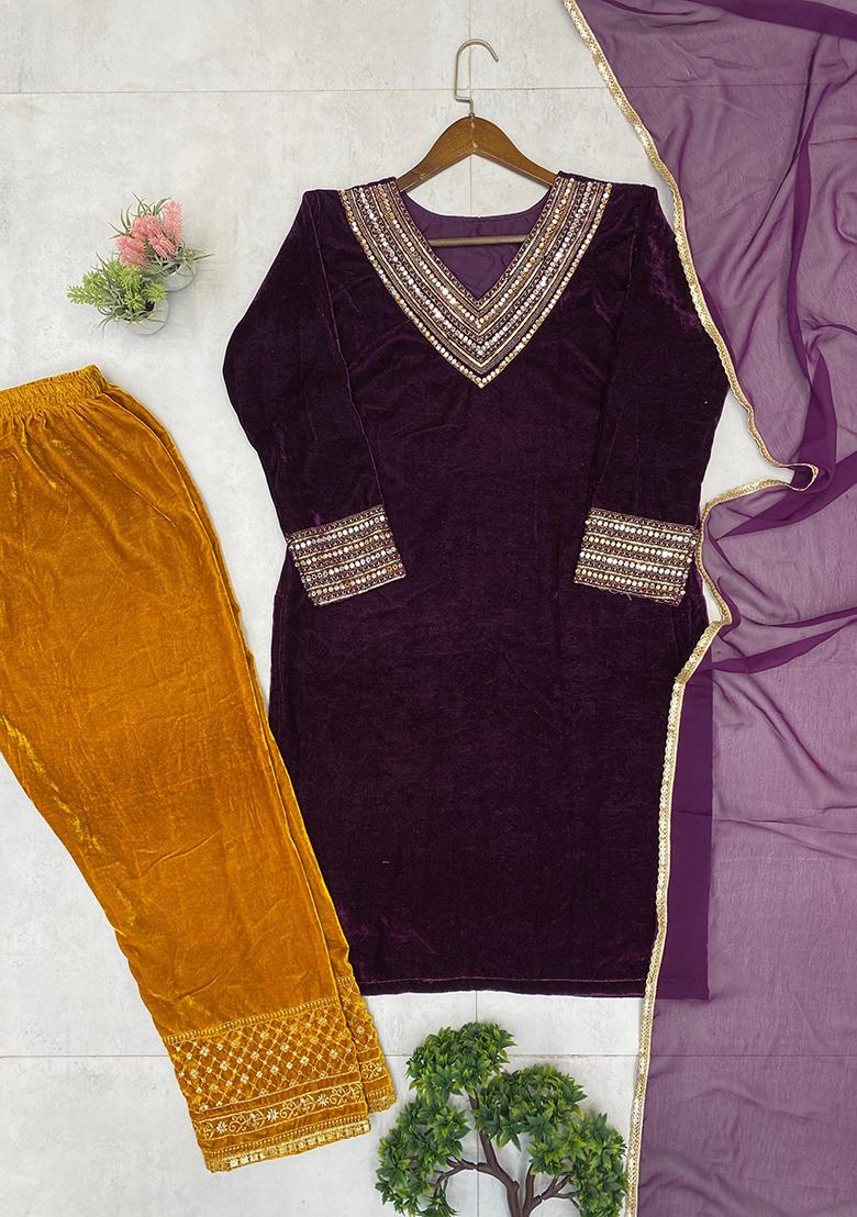 Purple Embroidery Velvet Kurta Set - Indya