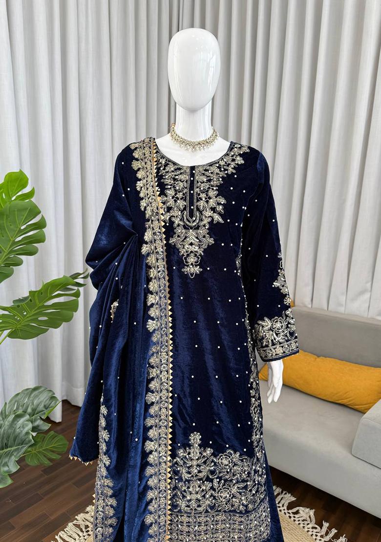 Blue Cording Sequence With Peral Work Velvet Kurta Set - Indya