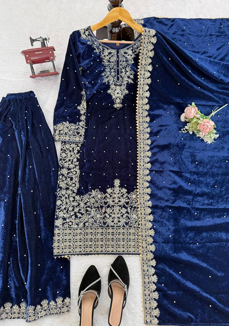 Blue Cording Sequence With Peral Work Velvet Kurta Set - Indya