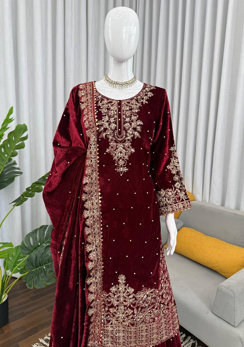 Maroon Cording Sequence With Peral Work Velvet Kurta Set - Indya