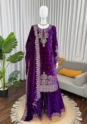 Purple Cording Sequence With Peral Work Velvet Kurta Set