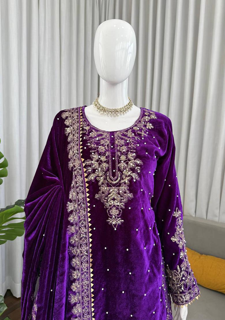 Purple Cording Sequence With Peral Work Velvet Kurta Set - Indya