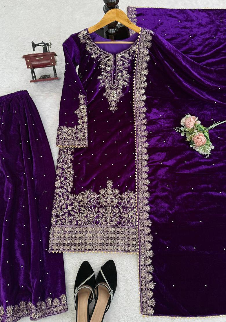 Purple Cording Sequence With Peral Work Velvet Kurta Set - Indya