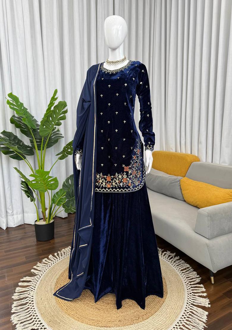 Blue Thread With Sequence Work Viscose Velvet Kurta Set - Indya