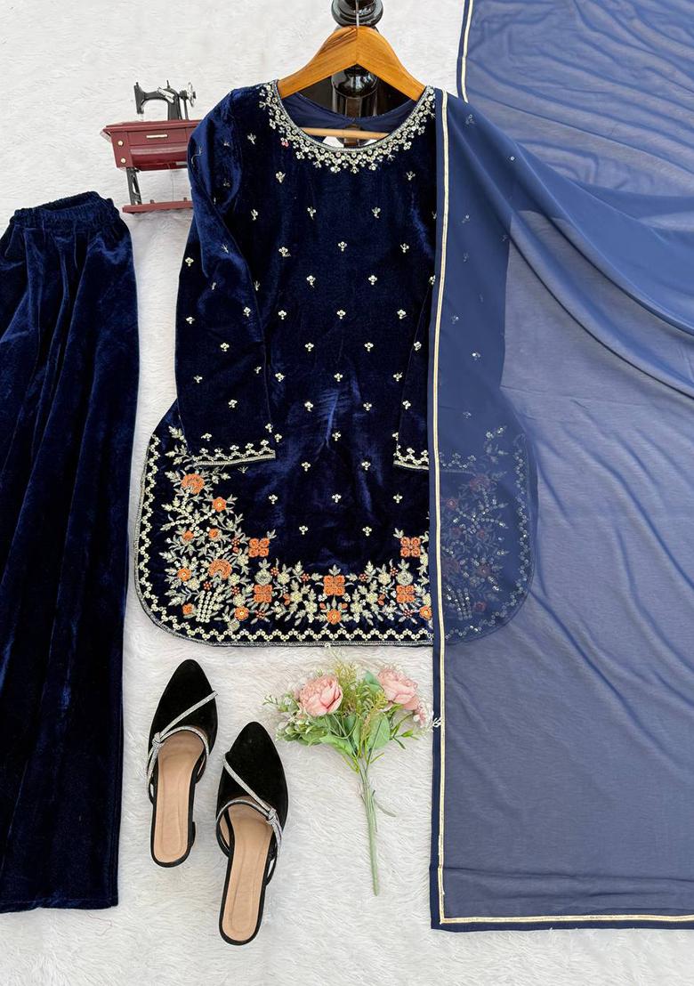 Blue Thread With Sequence Work Viscose Velvet Kurta Set - Indya