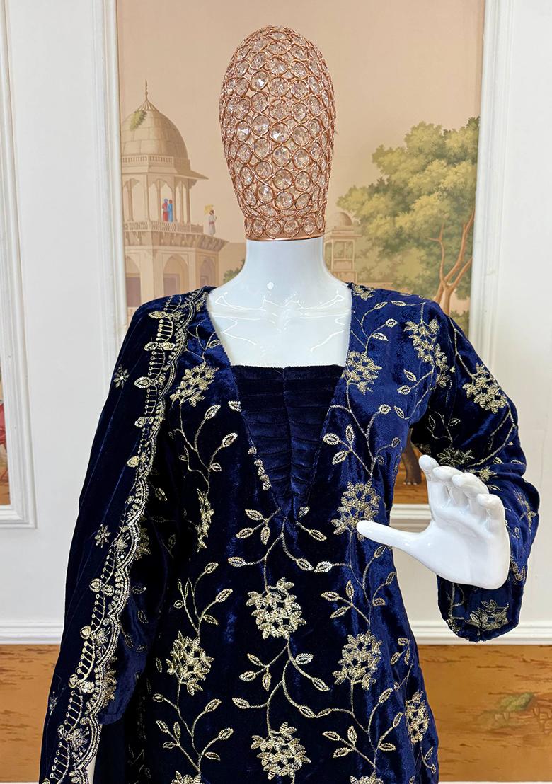 Blue Embroidery Velvet Kurta Set - Indya
