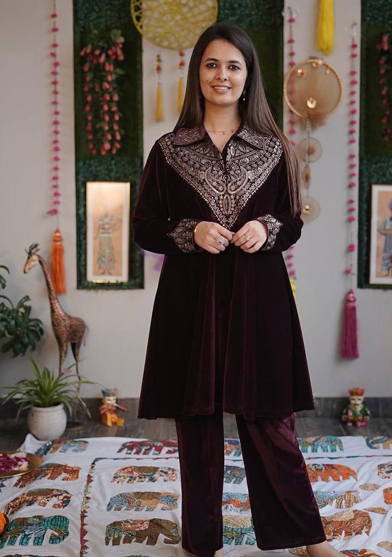 Purple Embroidery Velvet Salwar Suit - Indya