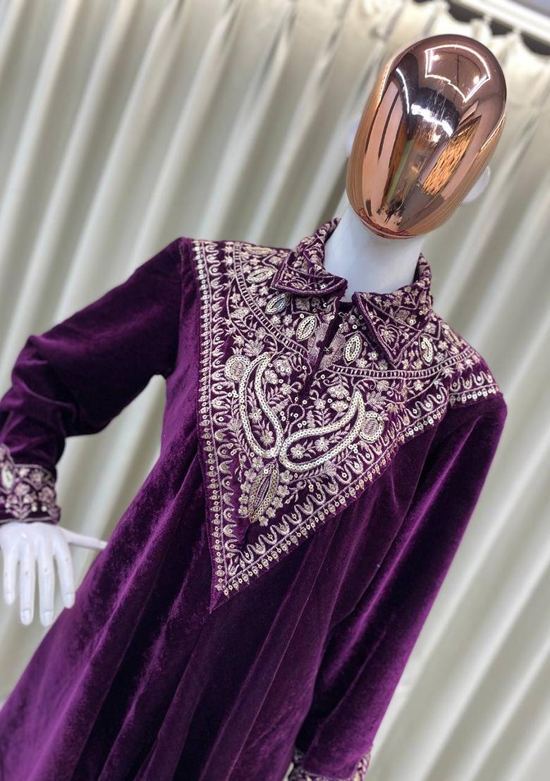 Purple Embroidery Velvet Salwar Suit - Indya