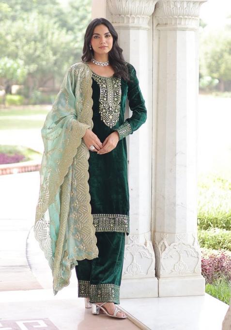 Green Rich Sequins And Zari Embroidered Work Velvet Kurta Set
