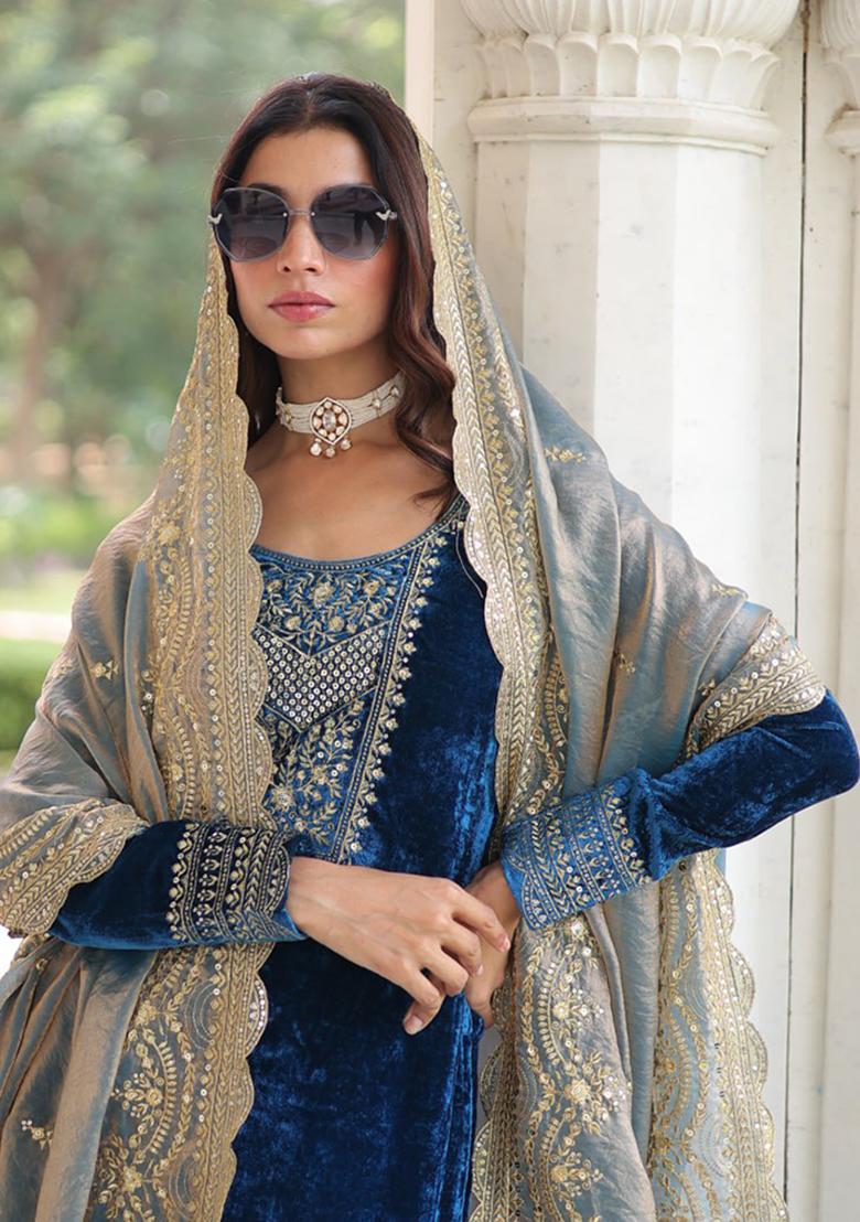 Morpeach Rich Sequins And Zari Embroidered Work Velvet Kurta Set - Indya