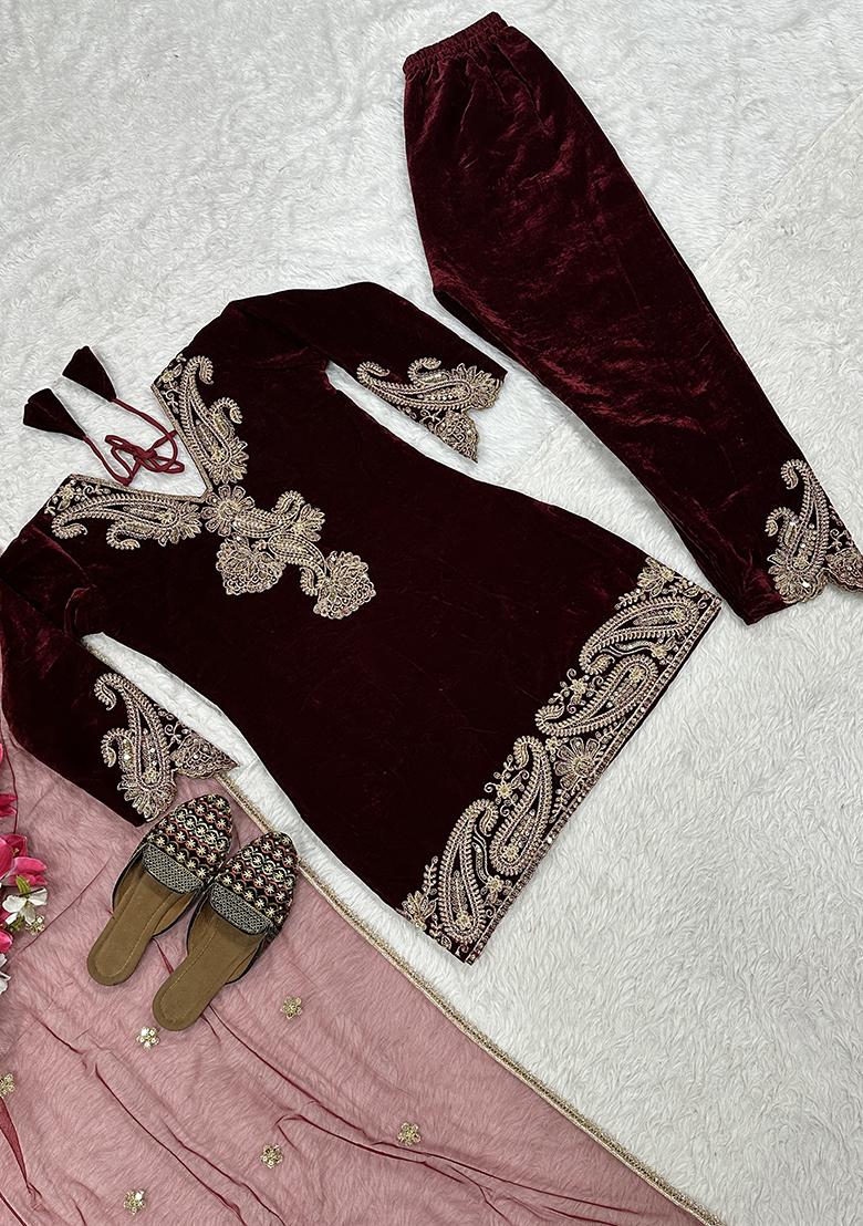 Wine Embroidery Velvet Kurta Set - Indya