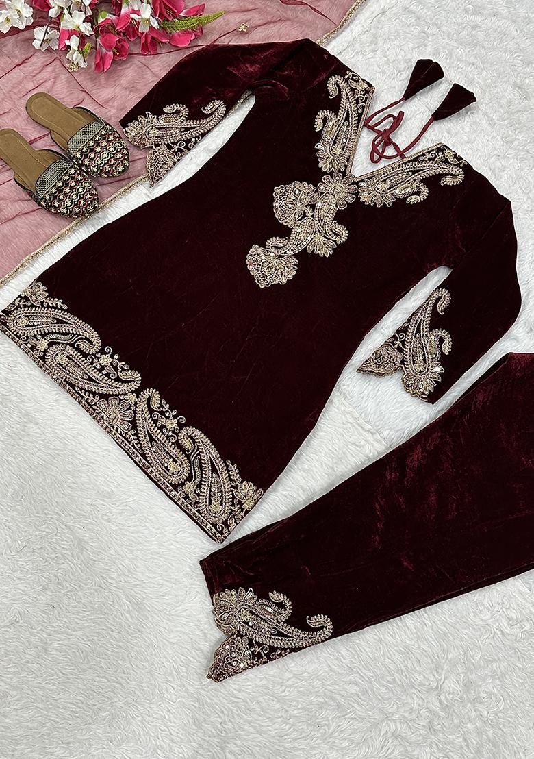 Wine Embroidery Velvet Kurta Set - Indya