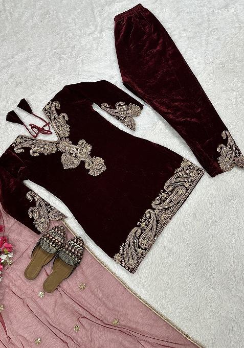 Wine Embroidery Velvet Kurta Set