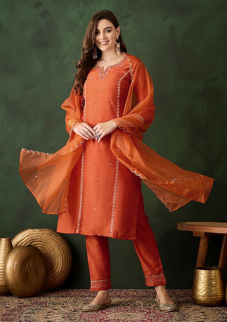 Orange Sequence Zari Embroidered Chinon Kurta Set - Indya