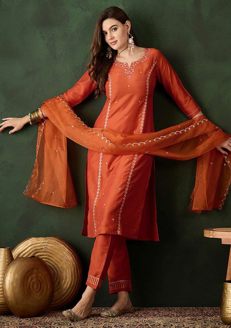 Orange Sequence Zari Embroidered Chinon Kurta Set - Indya