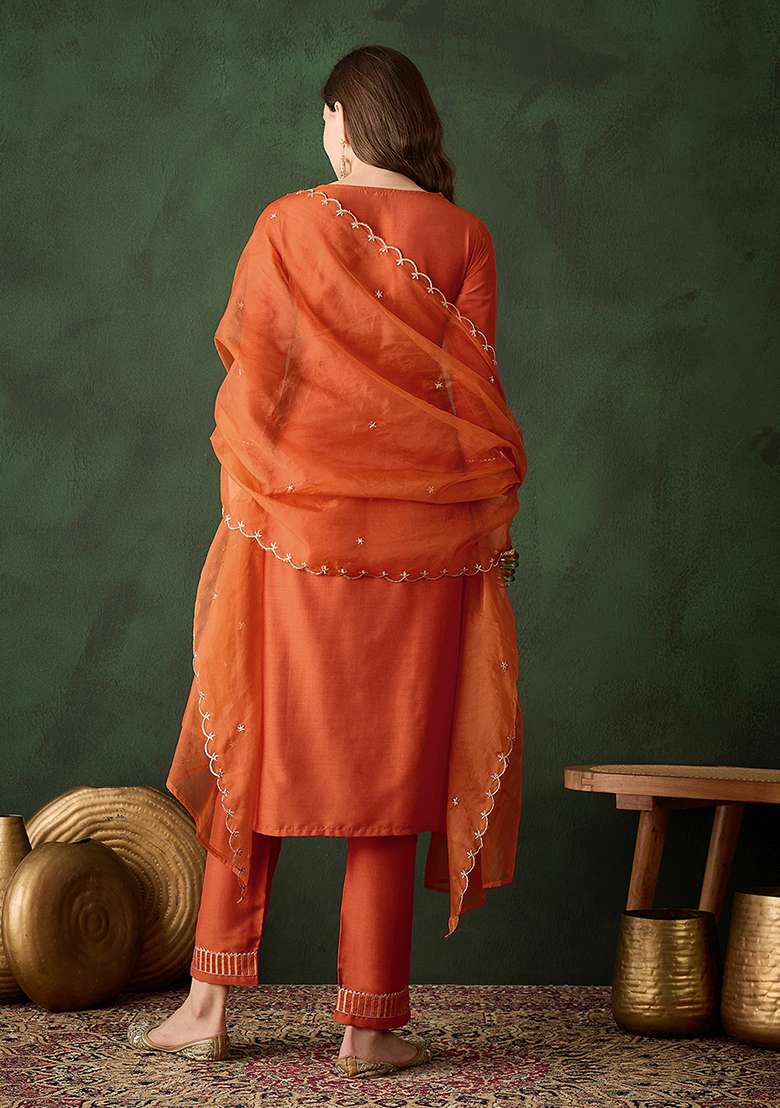 Orange Sequence Zari Embroidered Chinon Kurta Set - Indya