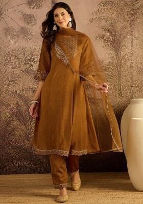 Mustard Zari Sequence Thread Cording Embroidered Silk Kurta Set