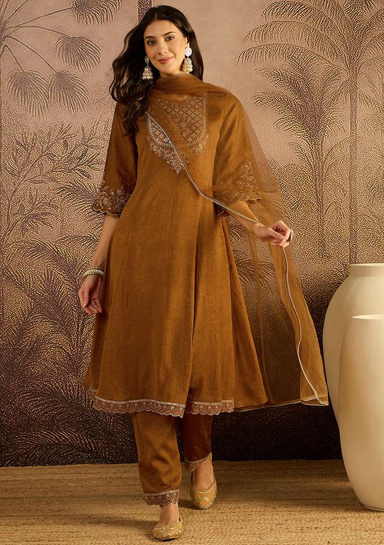 Mustard Zari Sequence Thread Cording Embroidered Silk Kurta Set - Indya