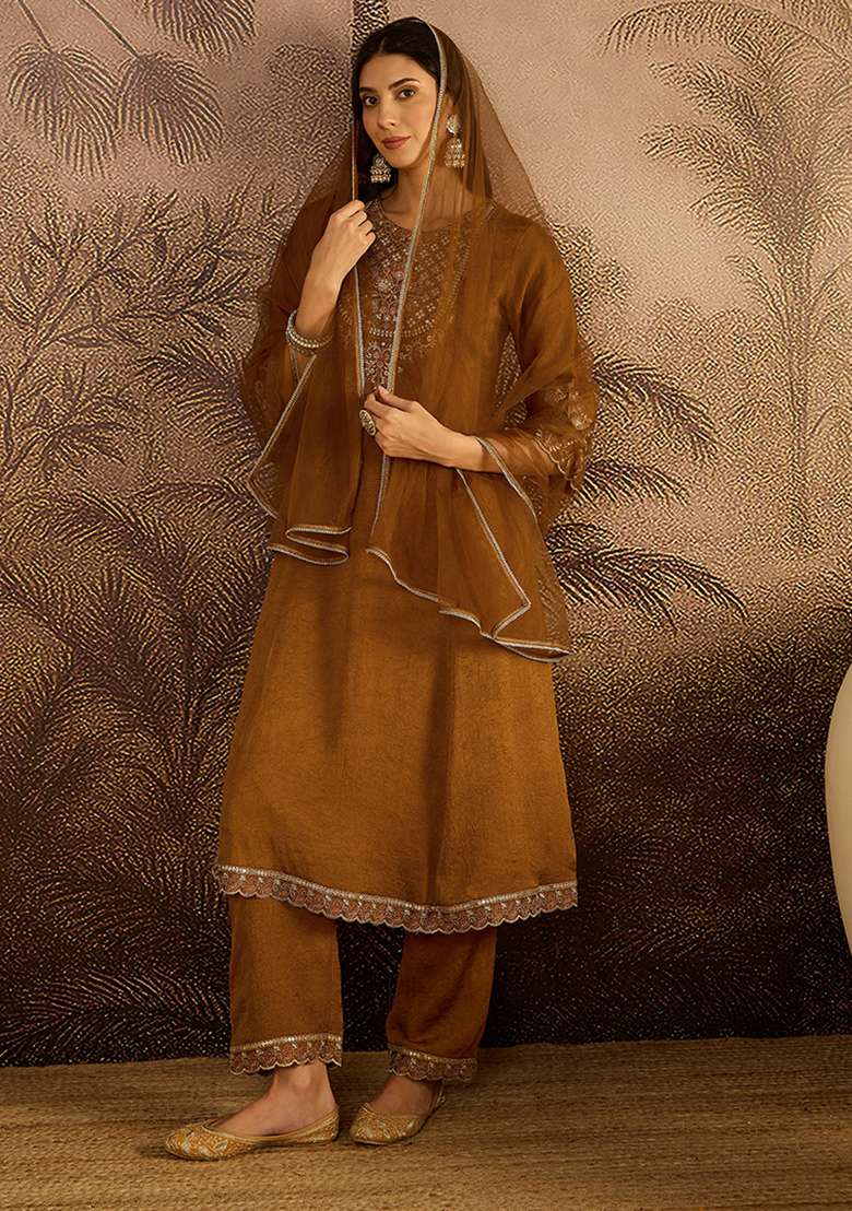 Mustard Zari Sequence Thread Cording Embroidered Silk Kurta Set - Indya
