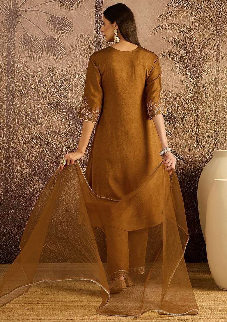 Mustard Zari Sequence Thread Cording Embroidered Silk Kurta Set - Indya