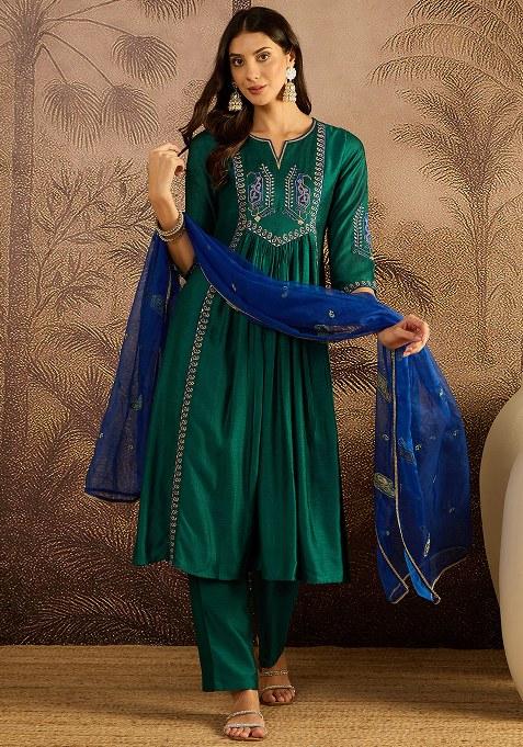 Rama Zari Thread Embroidered Vichitra Kurta Set