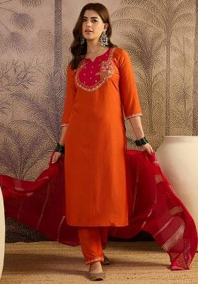 Orange Zari Sequence Thread Embroidered Chinon Kurta Set