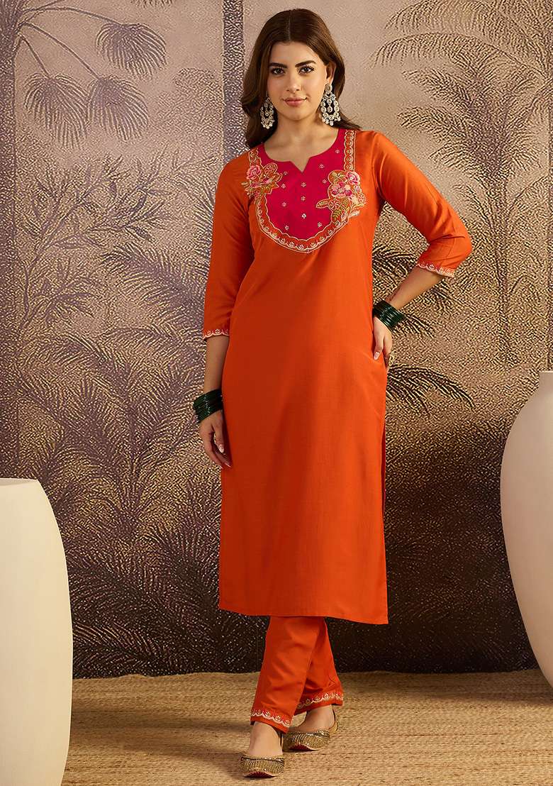 Orange Zari Sequence Thread Embroidered Chinon Kurta Set - Indya